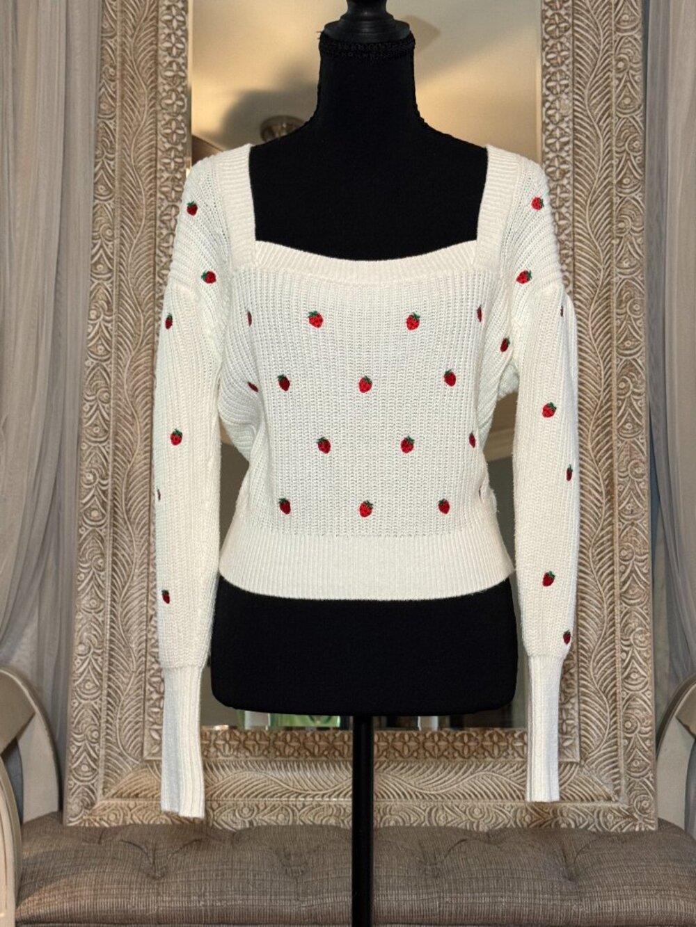 Maeve Anthropologie Strawberry Embroidered Square Neck Sweater S